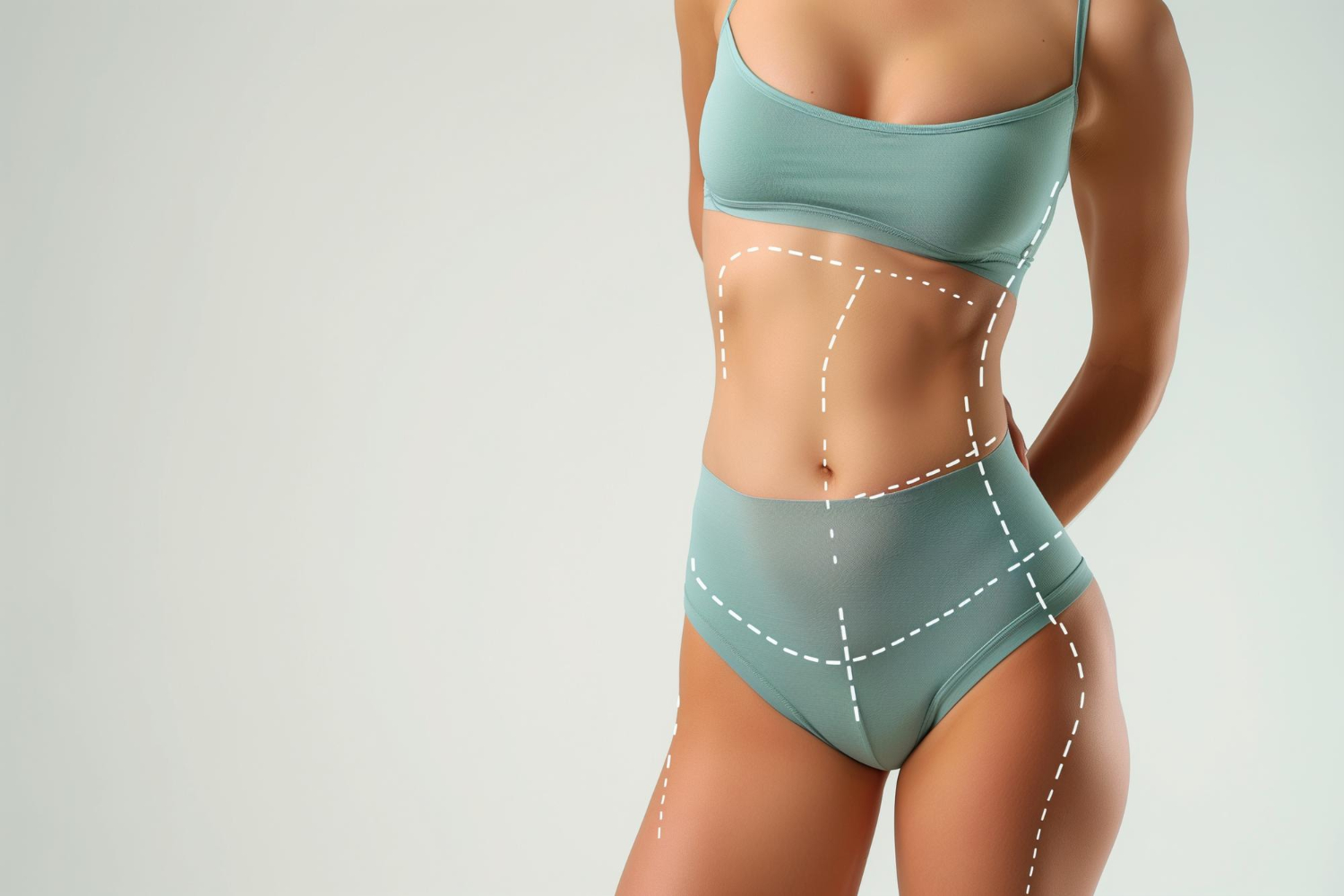 Cuerpo femenino con marcas en abdomen y caderas indicando zonas de tratamiento CoolSculpting en Madrid